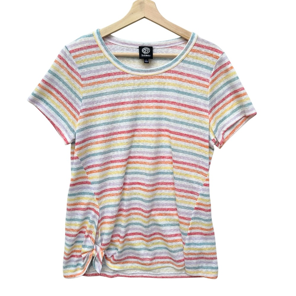 Bobeau Striped Tie Front T Shirt Top Short Sleeve Large Rainbow Casual light‎